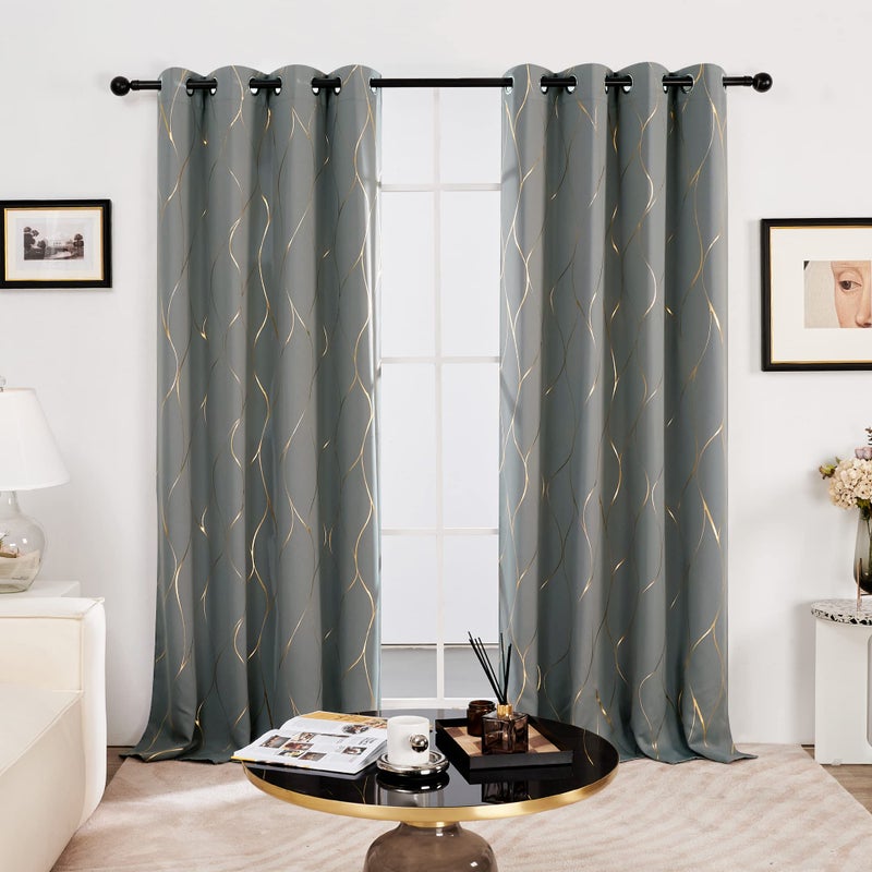 Deconovo Silver or Gold Wave Print Blackout Curtains - Thermal Insulated & Noise‑Reducing Grommet Drapes for Bedroom & Living Room，Light Grey/Line，52W x 84L，2 Panels - Image 2